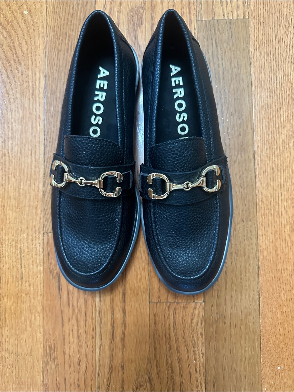 AEROSOLES Black Loafers with Gold Horsebit Accent